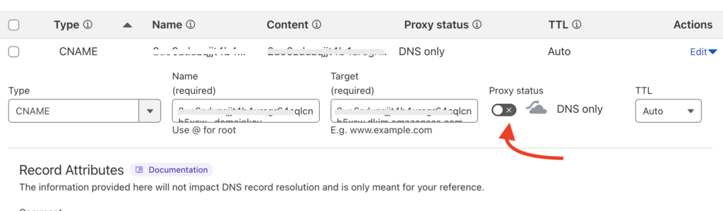 DNS settings in Cloudflare with proxy status set to DNS Only